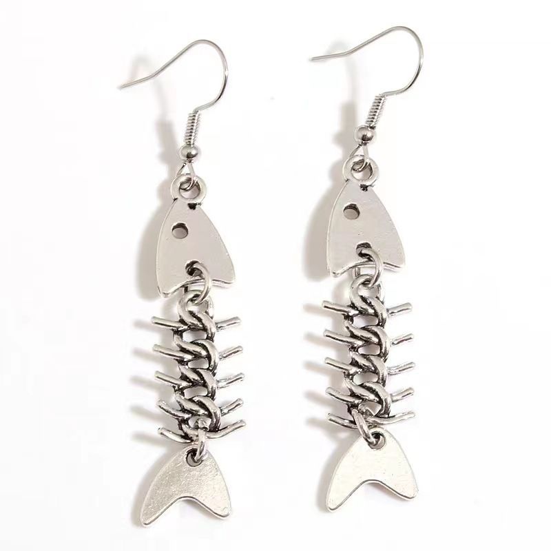 Wholesale Fashionable and Cool Fishbone Necklace Set Simple Personality Versatile Ancient Silver Earrings